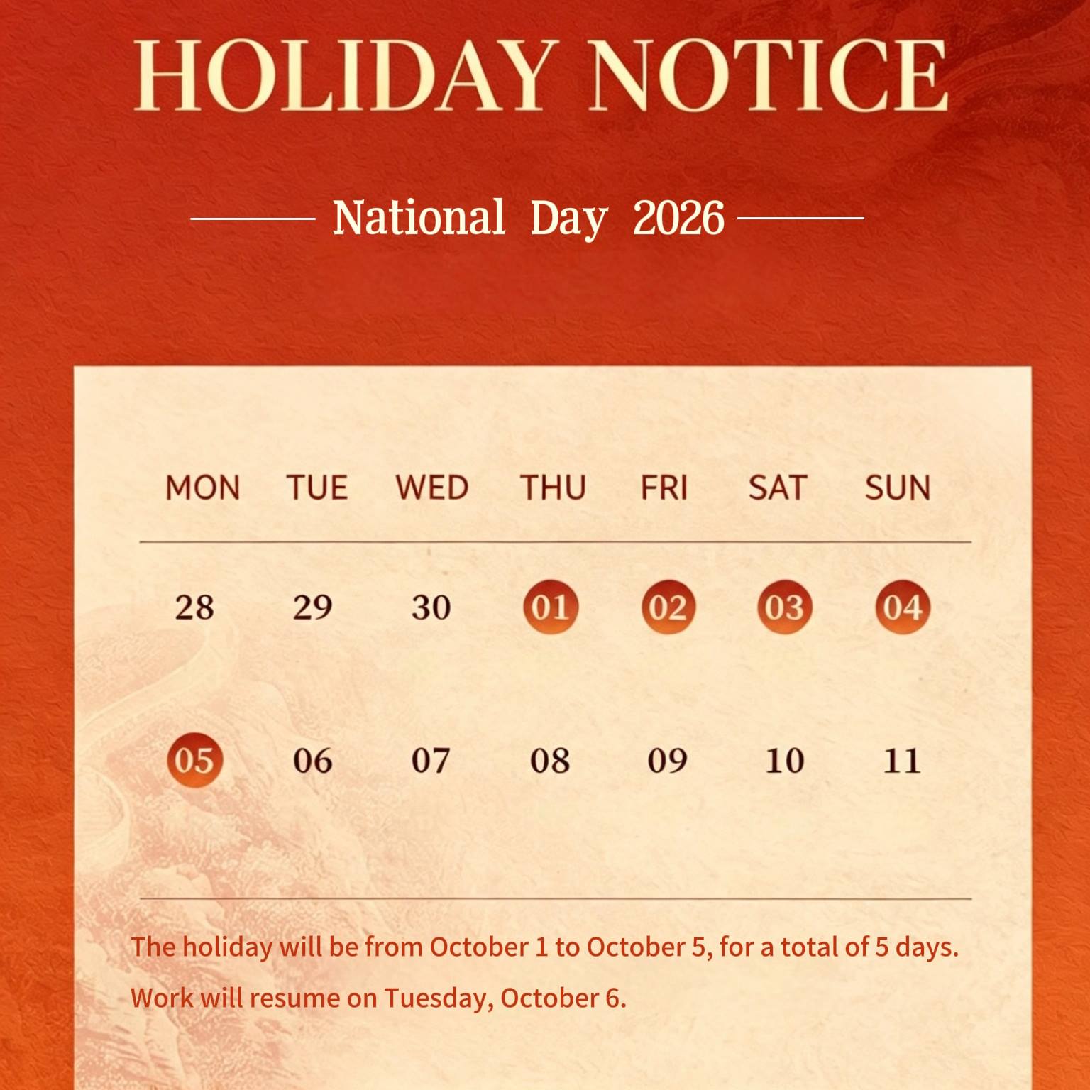 UUPAC's National Day Holiday Notice